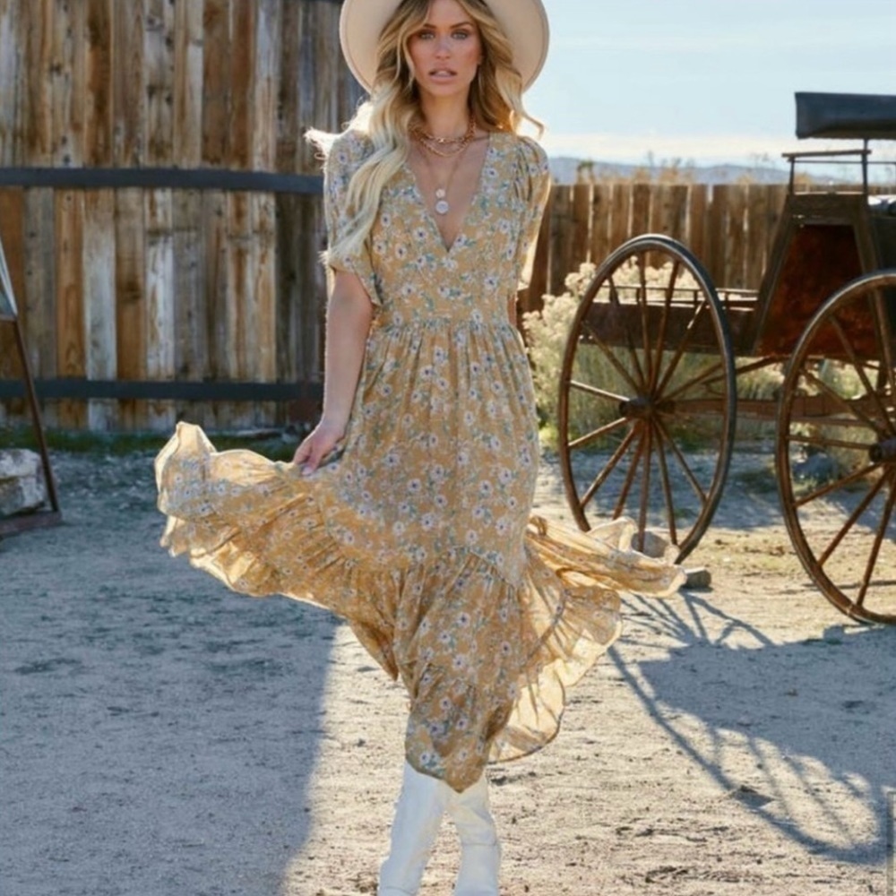 NWT Storia Clarity Tiered Ruffle Floral Maxi Dress Washed Yellow Large